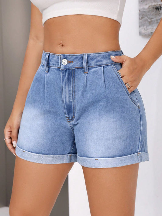 DS Designer 74273 Rolled Hem Mid-Rise Waist Denim Shorts